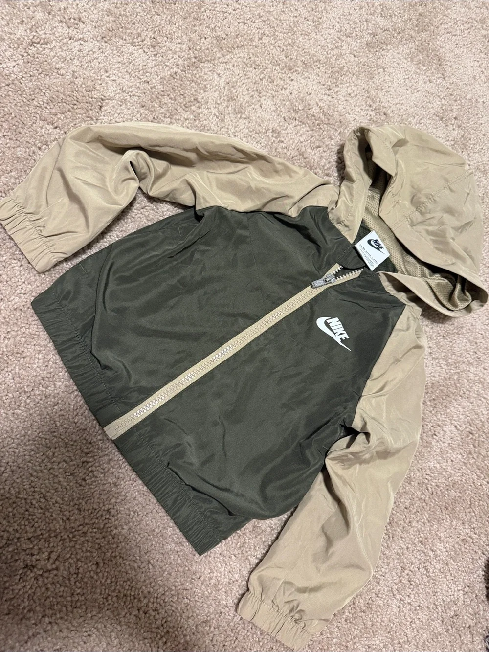 Nike Two-Tone Hooded Jacket in Olive Green and Beige